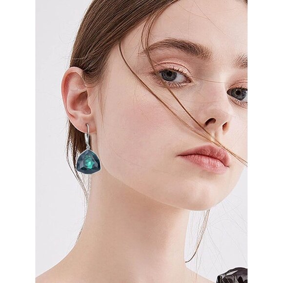 Sterling Silver Emerald Simple Geometric Birthstone Dangle Drop Earring Jewelry - Picture 5 of 5